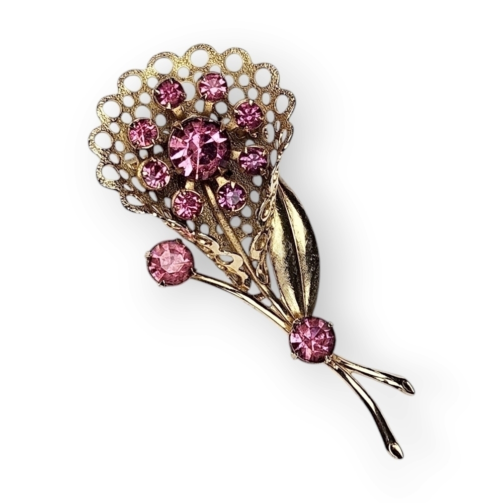 Vintage Flower Bouquet Brooch Pink Rhinstone Brushed Gold Plate Floral Spray Pin